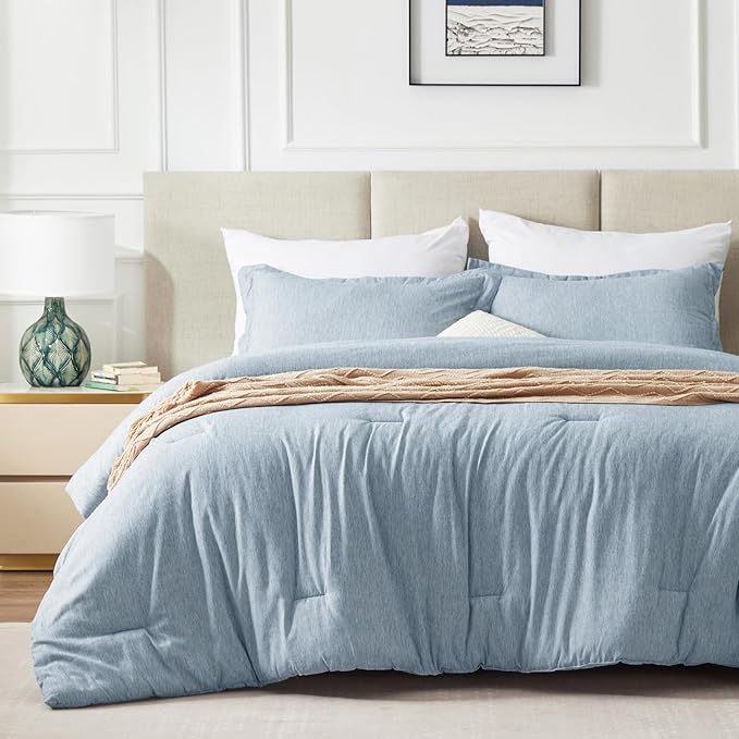 CozyLux King Size Comforter Set - 3 Pieces Blue Soft Luxury Cationic Dyeing Bedding Comforter for All Season, Breathable Lightweight Fluffy Bed Set with 1 Comforter and 2 Pillow Shams