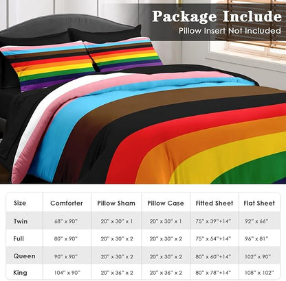 Comforter Set Twin Size, Pride Flag 5 Pcs Bedding for Kids and Adults, Rainbow Stripe Bed Sheet Sets with Fitted Sheet Pillowcase & Sham for Bedroom Bed Decor