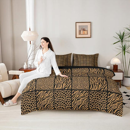 Castle Fairy Brown Leopard Print 7 Pieces Bed Sets Queen,Cheetah Zebra Skin Kids Comforter Set,Geometric Grid Splicing Bedding Set with 1 Comforter,2 Sheets,2 Pillowcases & 2 Throw Pillow Covers