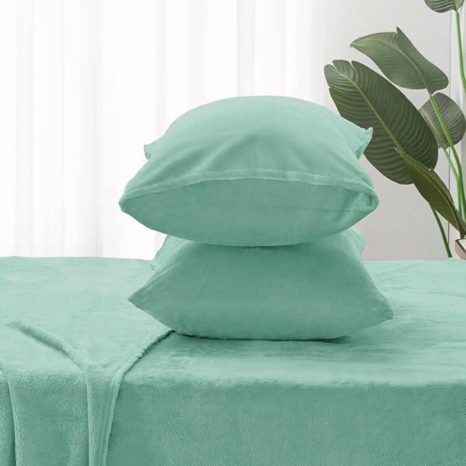 BEDELITE Flannel Sheets Queen Size Haze Blue - Super Soft Fleece Sheets Set Fluffy Extra Plush, 4 Piece(Include Fitted Sheet, Flat Sheet, 2 Pillowcases)