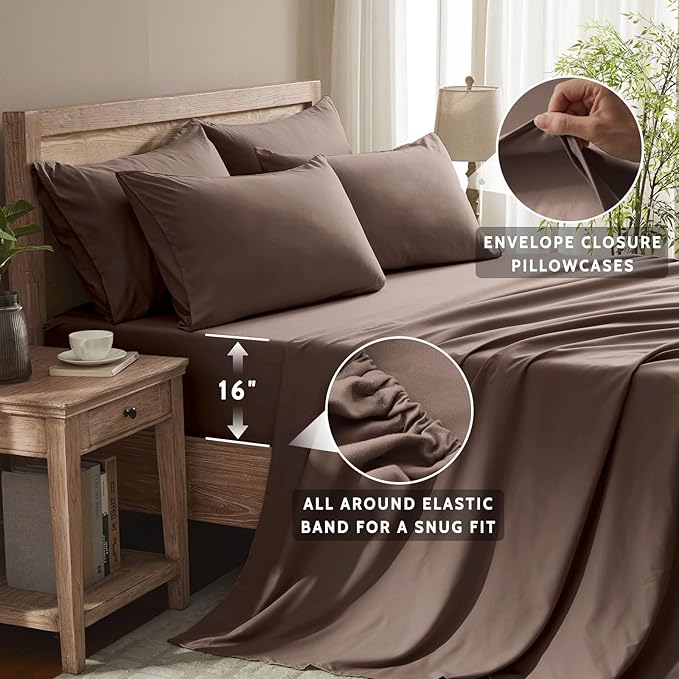 Cal King Size Sheets Set - 6 Piece Luxuriously Soft & Cooling Sheets Cal King Size - Ultra Soft 16" Deep Pocket Cal King Sheet Set - Fitted Sheet & Pillowcase Sets (Cal King Dark Brown)