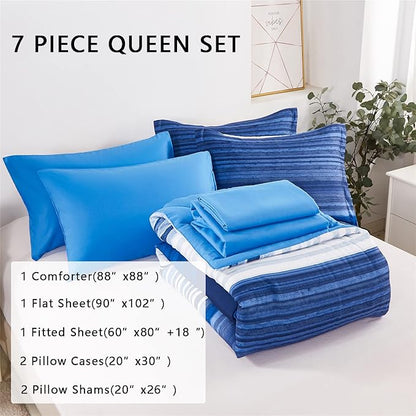 KAKIJUMN 7 Piece Bed in a Bag Stripe Comforter Set Queen Size, White and Blue Patchwork Striped Comforter and Sheet Set, All Season Soft Microfiber Complete Bedding Sets(Blue,Queen)