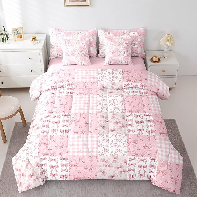 Feelyou Pink Bow Comforter Set with Sheets King Size Kids Bowknot Plaid 7 Pieces Bedding Set for Boys Girls Teens Gift for Girls Women Grid Bed in a Bag Breathable Princess Décor Bed Set