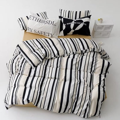 CLOTHKNOW Striped King Comforter Set 3Pcs Black Beige Bedding Comforter Sets Men Women Comforter White Stripes Comforter Black White Comforter Sets King