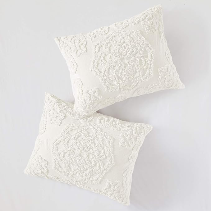 Madison Park Laetitia Comforter Bohemian Tufted Cotton Chenille, Medallion Shabby Chic All Season Down Alternative Bed Set with Matching Shams, Floral Off White Twin/Twin XL(68"x92") 2 Piece