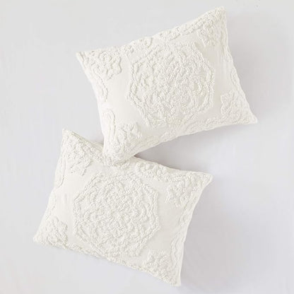 Madison Park Laetitia Comforter Bohemian Tufted Cotton Chenille, Medallion Shabby Chic All Season Down Alternative Bed Set with Matching Shams, Floral Off White Full/Queen(90"x90") 3 Piece