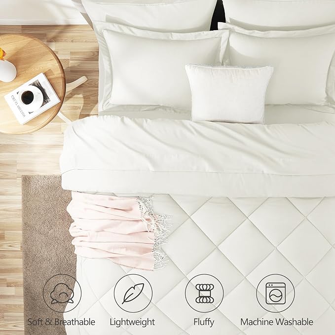 CozyLux Queen Comforter Set Ivory - Bed in a Bag Queen Size 7 Pieces, Luxury Soft Bed Set for All Seasons, Bedding Set with Down Alternative Comforter, Sheets, Pillowcases & Shams