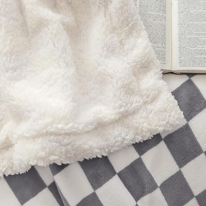 LOMAO Sherpa Throw Blanket Fleece Blanket with Checkered Pattern Soft Thick Blanket for Couch, Bed, Sofa Luxurious Warm and Cozy for All Seasons (Grey, 51"x63")