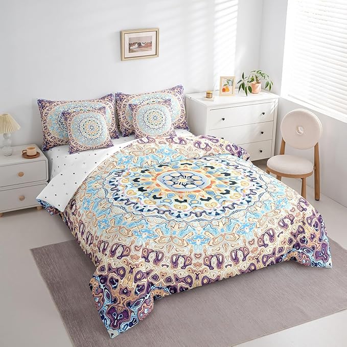 Bohemian Mandala Bedding Comforter Sets Vintage Art Deco Bed in a Bag, Oriental Flower Bedding Set Abstract Artwork King Comforter Set 7-Piece, Retro Medallion Bed Sheets Set Navy Blue Beige Puple
