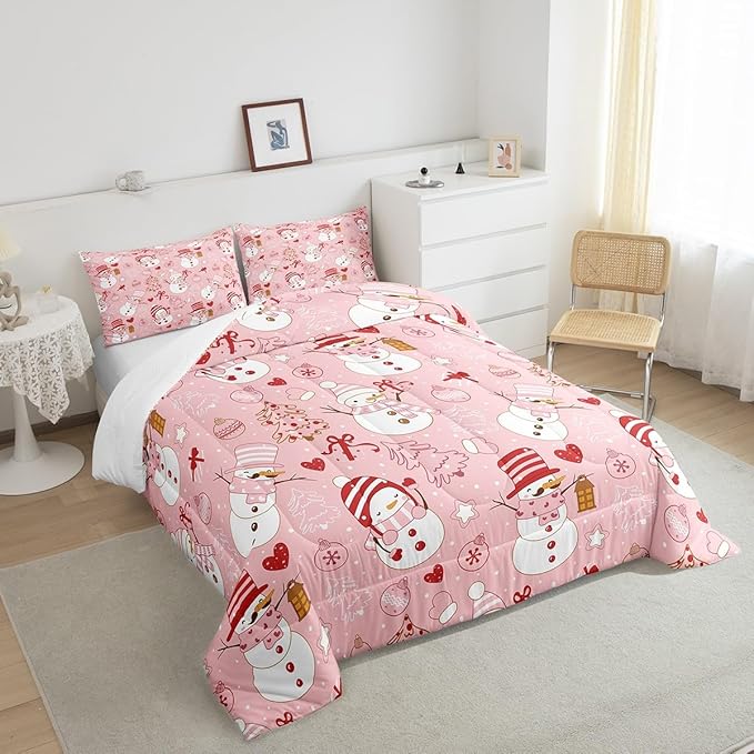 Cute Snowman Comforter Set Kids King Size,Cartoon Christmas Tree Bells and Snowflake Pattern Quilt Set Pink White Red Bedding Set for Girls Boys Woman Room Decor,Soft Winter Duvet Insert 3Pcs