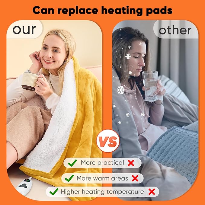 greenoak Heated Blanket Electric Throw 50"X60", Heating Blankets with 10 Heat Levels 8 Hours Auto-Off, Soft Flannel Sherpa Fluffy House Warming Gifts for Grandma Seniors Mom,Ginger Yellow