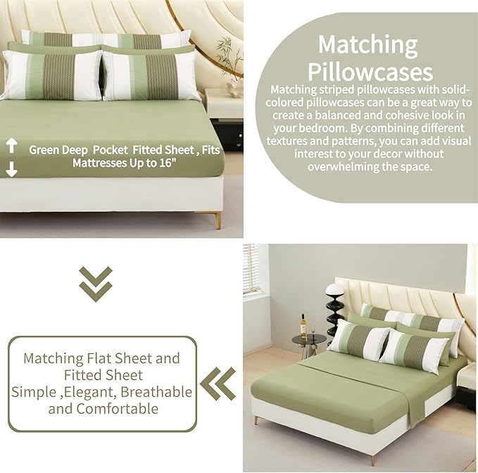 RYNGHIPY Olive Green Striped Bed Sets: 8 Pieces Soft Lightweight Bed in A Bag Full Size Microfiber Down Alternative Comforter Sets with Corner Loops (Full,Olive Green)