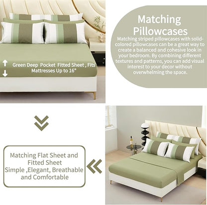 RYNGHIPY Olive Green Striped Bed Sets: 8 Pieces Soft Lightweight Bed in A Bag Full Size Microfiber Down Alternative Comforter Sets with Corner Loops (Full,Olive Green)