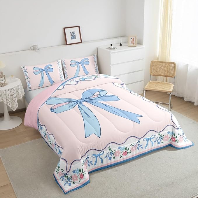 Feelyou Bow Kids Comforter Set Full Size Floral Bedding Set Pink Blue Duvet Quilt for Kids Boys Girls Bedroom Cute Bowknot Decor Kawaii Microfiber Ultra Soft Breathable