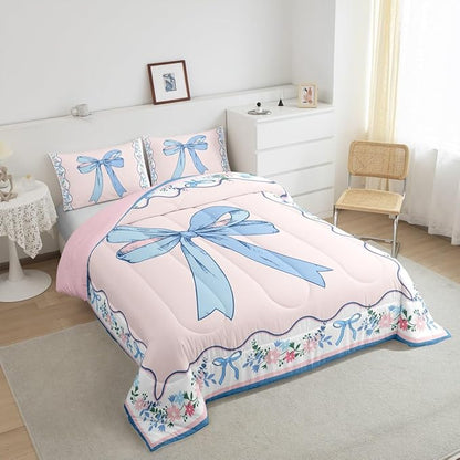 Feelyou Bow Kids Comforter Set Full Size Floral Bedding Set Pink Blue Duvet Quilt for Kids Boys Girls Bedroom Cute Bowknot Decor Kawaii Microfiber Ultra Soft Breathable