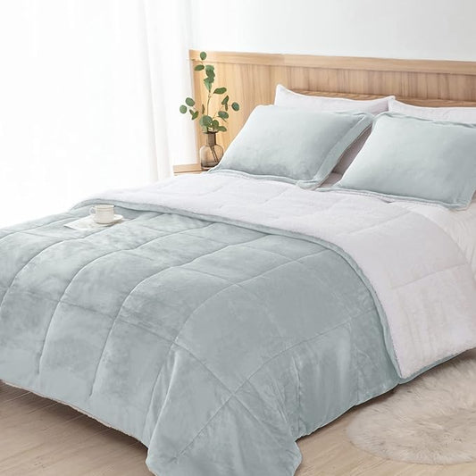 Seward Park Light Grey Sherpa Comforter Set Twin XL Size, All Season Soft Warm Fleece Fall Blanket, Winter College Dorm Bedding Sets with 1 Pillow Sham