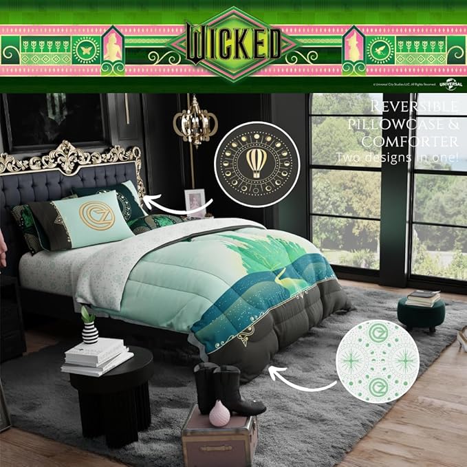 Collectibles Wicked Elphaba and Glinda Bedding 5 Piece Super Soft Reversible Comforter and Sheet Set, Full, (Officially Licensed Product) by Franco