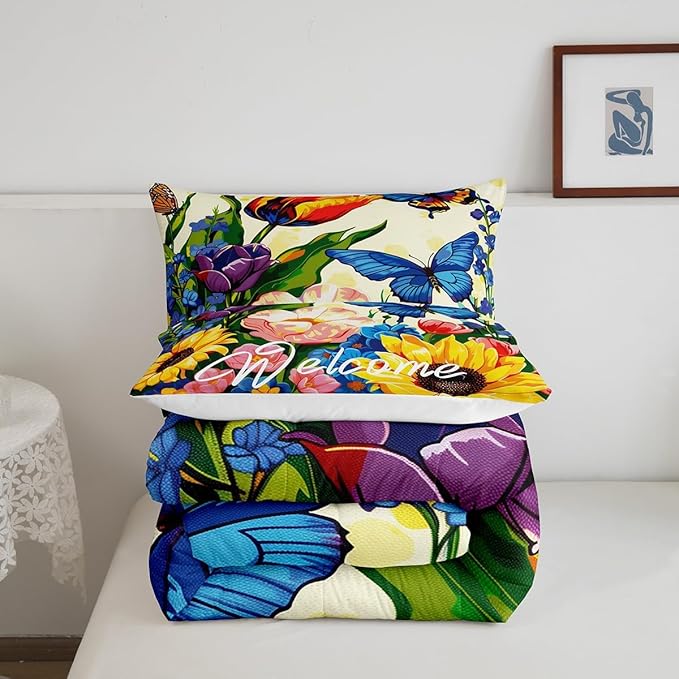 Erosebridal Watercolor Flowers Down Comforter King Sunflower Butterfly Comforter Set Retro Rustic Garden Style Floral Bedding Set for Teen Girls Women Boho Exotic Blossom Quilt Duvet 3 Pcs