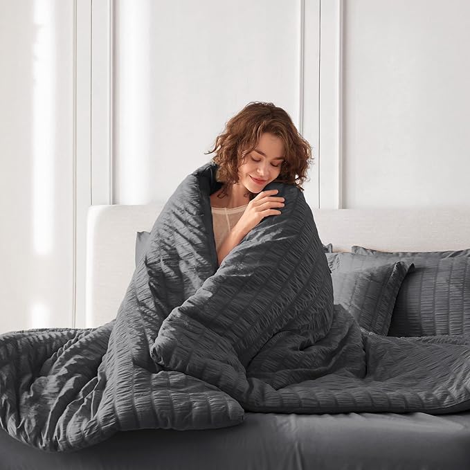 MUXHOMO 7 Pieces Queen Comforter Set, Seersucker Bed in a Bag Queen Size, All Season Luxury Bedding Set with Comforter, Flat Sheet, Fitted Sheet, Pillowcases & Shams, Dark Grey
