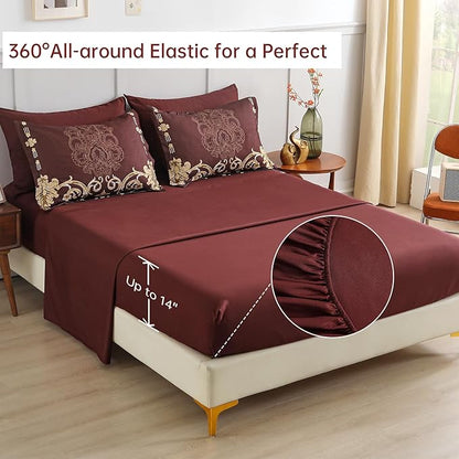 Mybedsoul Burgundy Queen Comforter Set, 7 Pieces Boho Bed in a Bag for Queen Bed, Damask Comforter with Sheets Pillowcases, Soft Microfiber Lightweight Bedding Sets for All Season(90"x90")