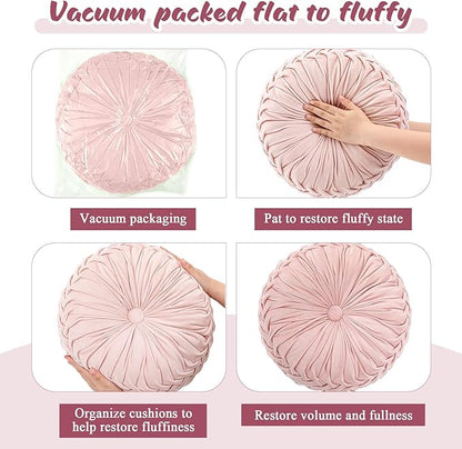 1 Pcs Round Throw Pillows Decorative Velvet Pleated Throw Pillows 15'' Diameter Accent Pumpkin Boho Chair Cushion for Couch Sofa Chair Bed Home Decoration (Pink)