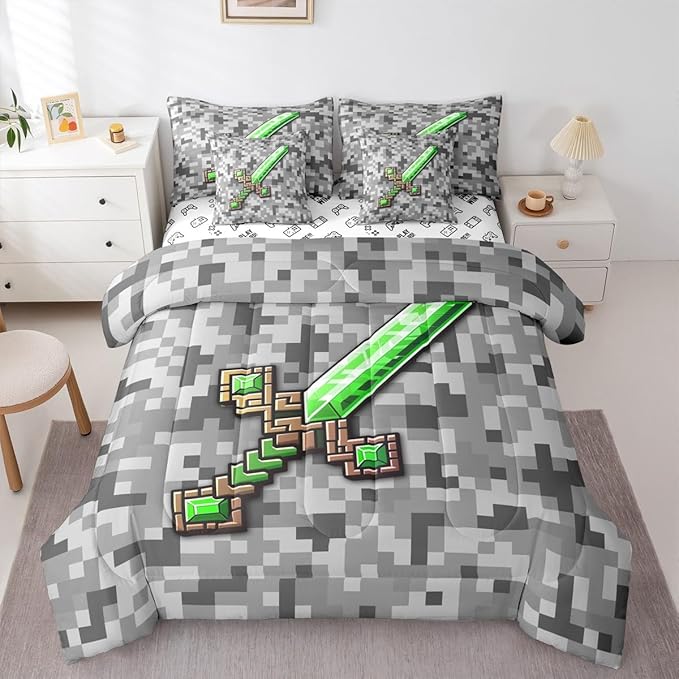 Castle Fairy Green Gemstone 7 Piece Comforter Sets King Size,Green Brown Sword All Season Reversible Bed in a Bag Grey Pixel Bedding Sets Miner Theme Square Flat Sheet,Fitted Sheet,Pillowcases