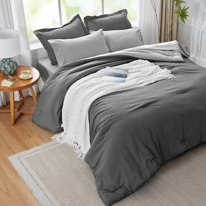 Gray Comforter Set Queen, Reversible Bedding Set, 7 Pieces Soft Bed in a Bag with Comforter, Sheets, Pillowcases & Shams, All Seasons Boho Bed Set