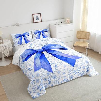 Erosebridal Blue Bow Bedding Set for Kids Boys Girls Teen,Bowknot Bedding Comforter Sets Cute Bow Tie Comforter Set Twin Size Watercolor Flower Plant Quilt Duvet Room Decor 1 Pillow Case