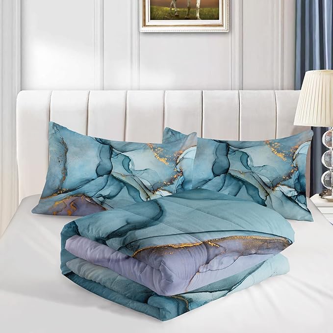 HOSIMA Marble Abstract Bedding Set Twin Size, Gold and Blue Marble Comforter Set for Girls Kids Women Bedroom Decor,Bedding Comforter Sets 3 Pieces with 2 Pillowcases.