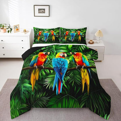 Parrot Bedding Twin Size,Watercolor Animal Feather Down Comforter,Palm Leaf Comforter Set for Kid Teens Boys Man,Modern Tropical Plant Birds Bedroom Decor 2 Pcs Bedding Set
