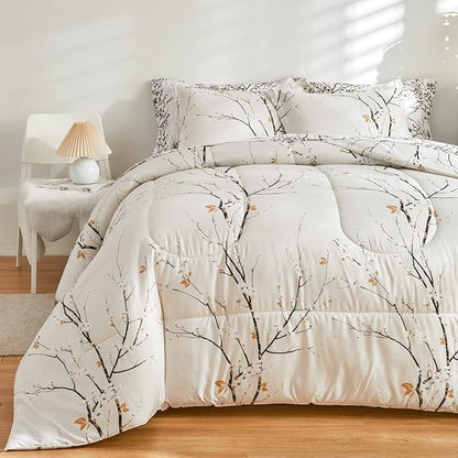 UOZZI BEDDING Cream White Bed in a Bag King 7 pc Branch Style All Season Soft Microfiber Reversible Bed Comforter Set (1 Comforter 2 Pillow Shams 1 Flat Sheet 1 Fitted Sheet 2 Pillowcases)