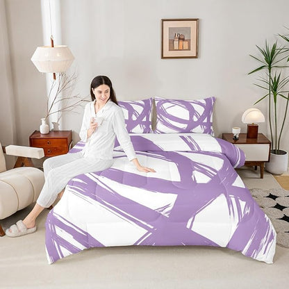 Erosebridal Purple and White Striped King Bedding Set for Kids Teens Adults, Geometric Striped Comforter Set for Minimalists,Graffiti Aesthetic Lines Duvet Insert,Contemporary Boho Modern Art Quilt