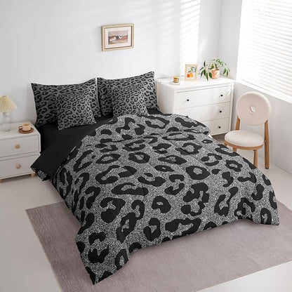 Leopard Print 7 Pieces Queen Size Comforter Set,Wild Animal Skin Bedding Set for Kids Teens Adults,Fashion Ombre Glitter Print(Comforter+Fitted+Flat Sheet+2 Pillowcases+2 Throw Pillow Covers)