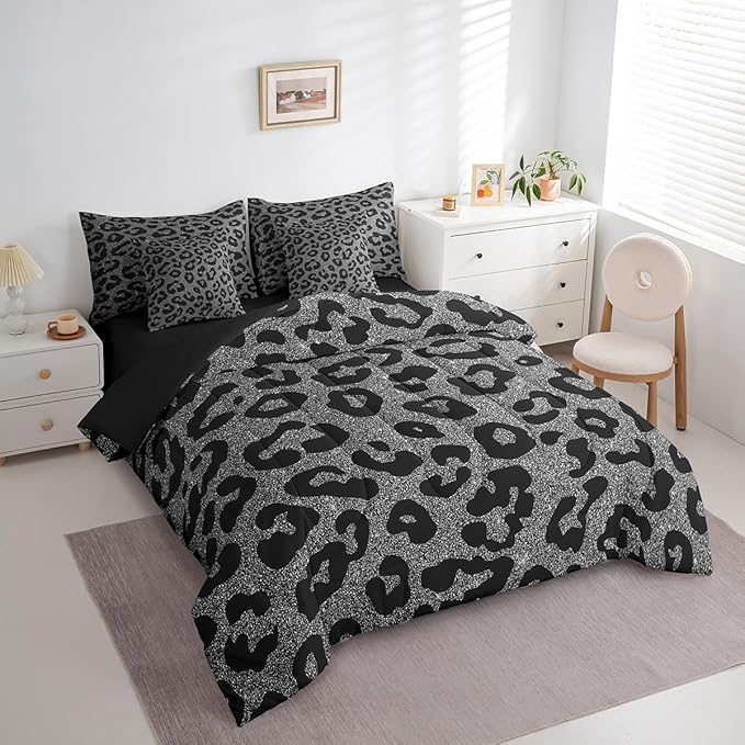 Leopard Print 7 Pieces Comforter Set,Wild Animal Skin Bedding Set Full Size for Room Decor,Fashion Ombre Glitter Print Comforter for Boys Girls Super Soft Fade Resistant Microfiber Bedding