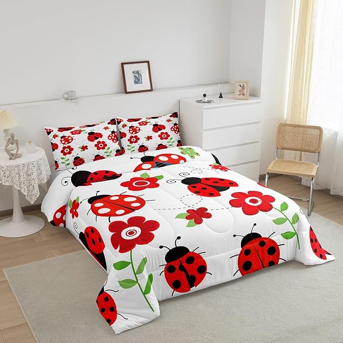 Ladybug Comforter Set for Teens Red Floral and Animal Bedding Set Cute Bug Bedding Home Decor for Kids Comforter Twin Size 2 Pcs Entomology Quilted Duvet Set 1 Comforter with 1 Pillowcase