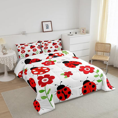 Ladybug Comforter Set for Teens Red Floral and Animal Bedding Set Cute Bug Bedding Home Decor for Kids Comforter Twin Size 2 Pcs Entomology Quilted Duvet Set 1 Comforter with 1 Pillowcase