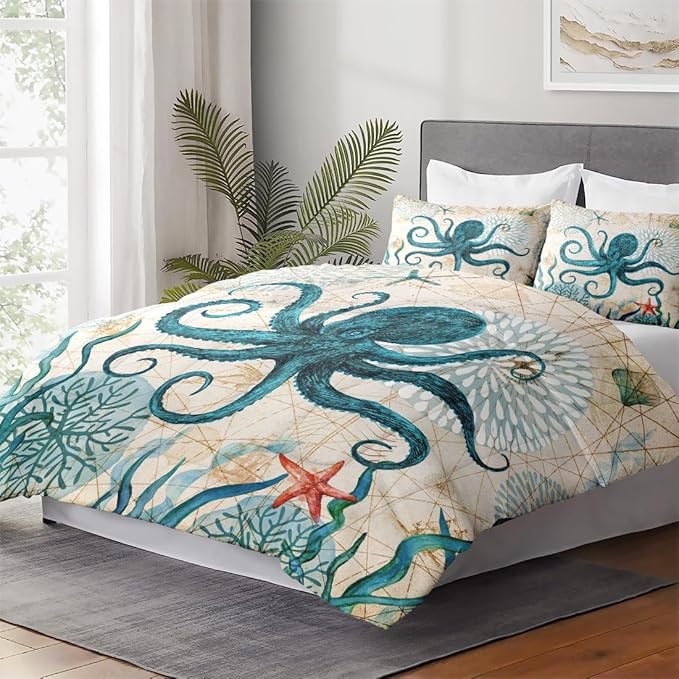 Queen Size Comforter Set with 2 Pillowcases, Sea Coral Octopus 3 Pcs Bedding for Kids and Adults, Beach Summer Ocean Animal Soft Comforter Set for Bedroom Bed Decor