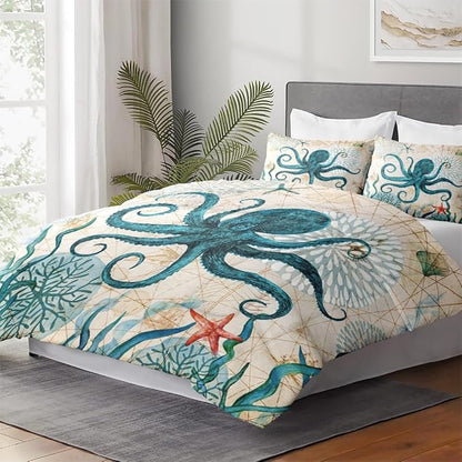 Queen Size Comforter Set with 2 Pillowcases, Sea Coral Octopus 3 Pcs Bedding for Kids and Adults, Beach Summer Ocean Animal Soft Comforter Set for Bedroom Bed Decor