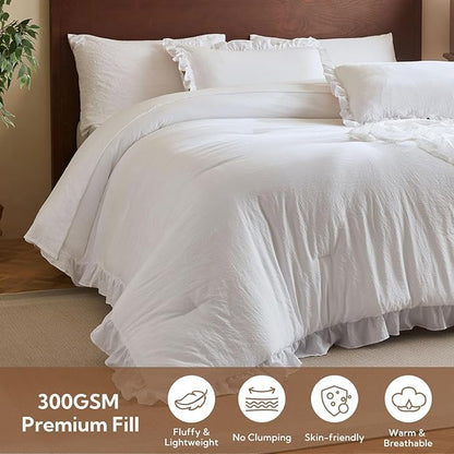 MR&HM California King Comforter Set White, Comforter Set 7 Pieces for Girls Women, Shabby Chic Vintage Cottagecore Bed Sets Elegance Boho Bed in a Bag, Ultra-Soft & Fluffy Comforter for All Season