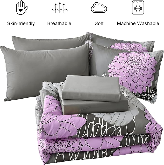 Yiran Full Comforter Set -7 Pieces Purple Grey Floral Comforter Set for All Seasons,Bed in a Bag Full Flowers Comforter with Flat Sheet Fitted Sheet Pillowshams Pillowcases