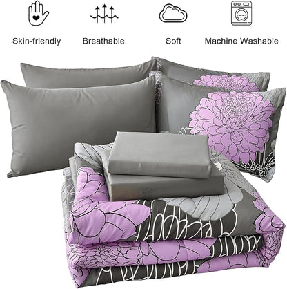 Yiran Cal King Comforter Set -7 Pieces Purple Grey Floral Comforter Set for All Seasons,Bed in a Bag Cal King Flowers Comforter with Flat Sheet Fitted Sheet Pillowshams Pillowcases