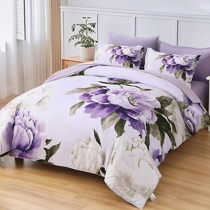 Dobuyly Purple Twin Comforter Set 5 Piece Bed in a Bag Twin Size, Purple Floral Printed on Light Purple Comforter Set with Sheets, Soft Microfiber Botanical Complete Bedding Set for All Season