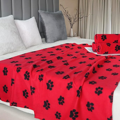 ZYFZCYBL Fleece Throw Blankets Lightweight Warm Soft Cozy Pet-Friendly Bulk Fleece Throw Blanket Solid for Home Bed, Sofa，Office,Gifts, Couch (Pack of 6-50 x 60 inch，Red Black Paw Print)