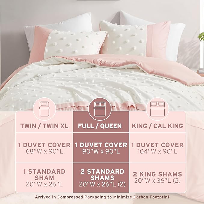 Intelligent Design Queen Duvet Cover Set - Clipped Jacquard Pompom Boho Bedding for Girls & Boys, Microfiber, Shay, Full/Queen, Pink, 3 Piece
