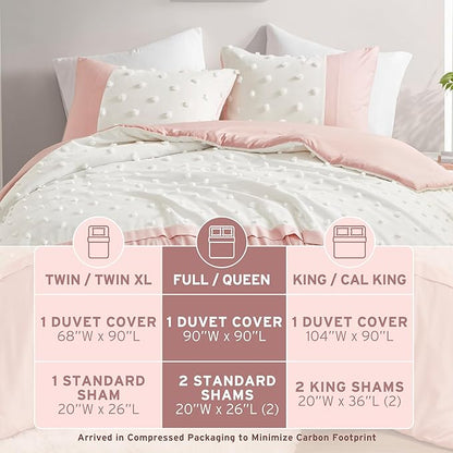 Intelligent Design Queen Duvet Cover Set - Clipped Jacquard Pompom Boho Bedding for Girls & Boys, Microfiber, Shay, Full/Queen, Pink, 3 Piece