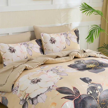 Yogeneg King Size Comforter Set 7 Piece Bed in a Bag,White Black Floral Botanical Pattern Khaki Bedding Set,Soft Microfiber Comforter with Sheet Set,All Season Bed Set(Khaki,King)