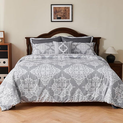EVENHUG Queen Comforter Set 7 Pieces Lightweight Soft Queen Size Comforters for All Season Floral Bedding Sets Bed in a Bag with Flat Sheet and Fitted Sheet Pillowcases (90"x90")