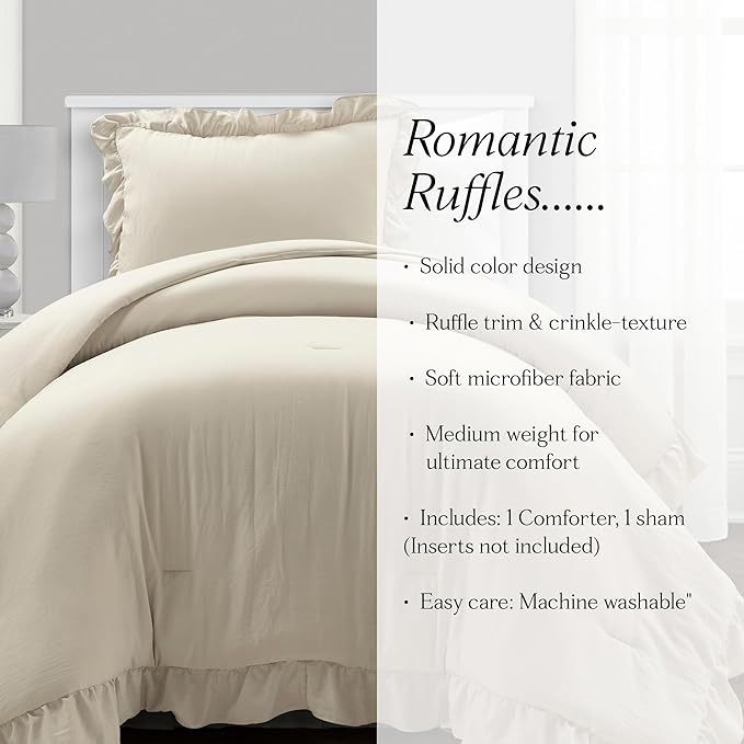 Lush Decor Reyna Ruffle Comforter Set - 2 Piece Twin Bedding Set - Elegance for Dorm Room - Twin XL, Wheat