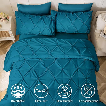 JOLLYVOGUE King Size Comforter Set 7 Pieces - Bed in a Bag King for All Season, Pintuck Bedding Comforter Sets with Comforter, Flat Sheet, Fitted Sheet and Pillowcases & Shams, Teal