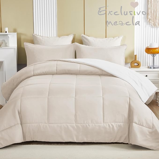 Exclusivo Mezcla Lightweight Reversible Queen Size Comforter Set, Down Alternative Comforter with 2 Pillow Sham, Queen Size Bedding Set for All Seasons, Brich Beige/White